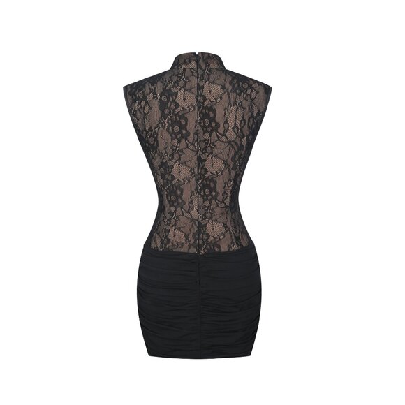Valerie Black Lace Teardrop Neckline Ruched Mini Dress - Picture 12 of 14